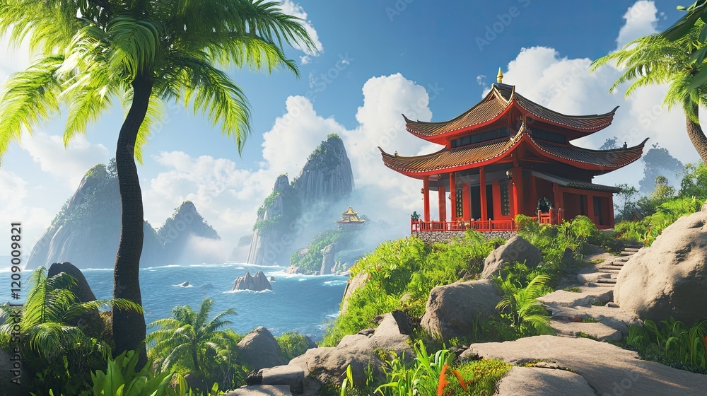 Obraz premium Tropical Island Pagoda Scenic Coastal View