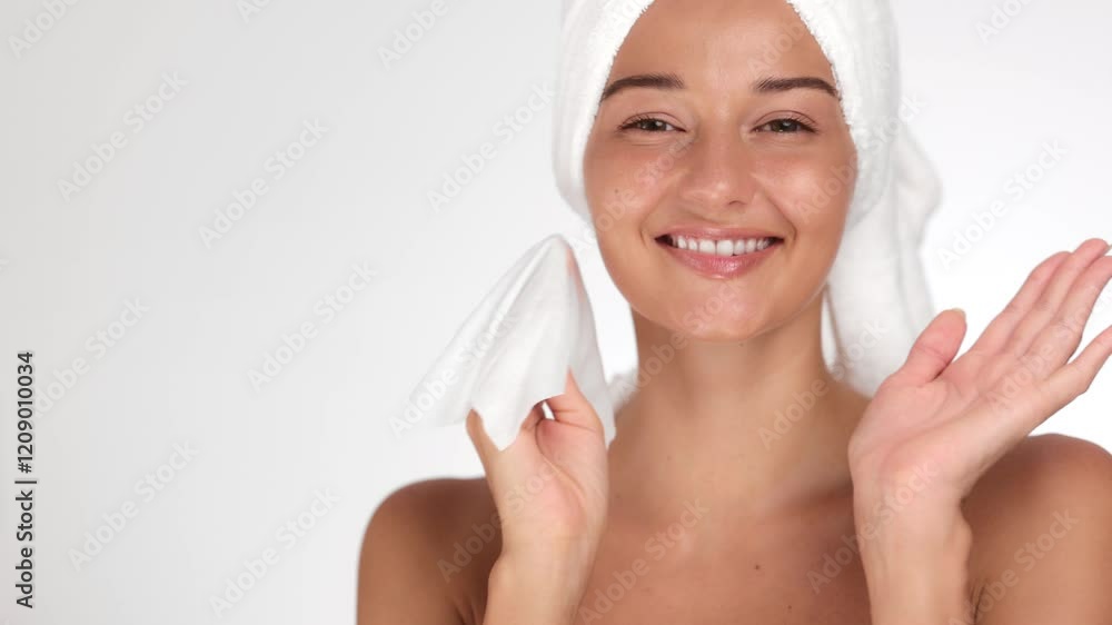 A beautiful woman with a towel wrapped around her head gently drying her face with a soft towel while smiling. Perfect for skincare, self-care, and beauty routine concepts. A beautiful woman with a towel wrapped around her head gently drying her face with a soft towel while smiling. Perfect for skincare, self-care, and beauty routine concepts.