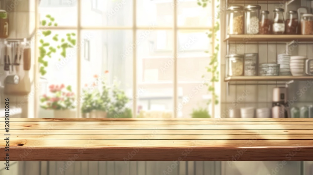 Fototapeta premium Wooden Tabletop in Bright Sunny Kitchen Setting