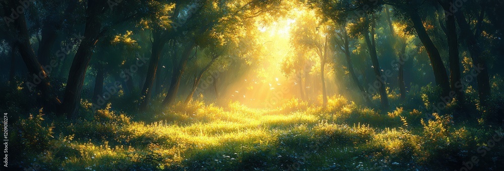 Sunlit Oak Tree Foliage in Tranquil Morning Light in Forest Setting Sunlit Oak Tree Foliage in Tranquil Morning Light in Forest Setting