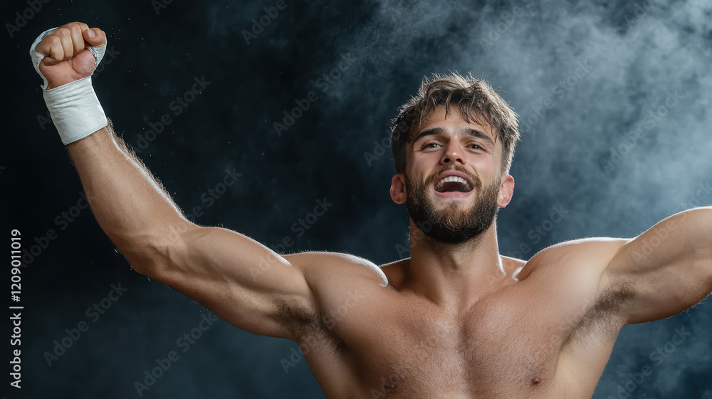 Obraz premium Fighter celebrating victory with raised arms and joyful expression