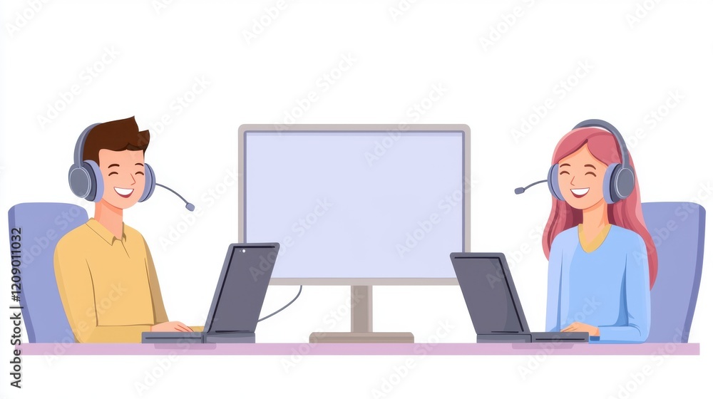 Customer service engagement and resolution. Two people in headsets working on laptops at a desk. Customer service engagement and resolution. Two people in headsets working on laptops at a desk.