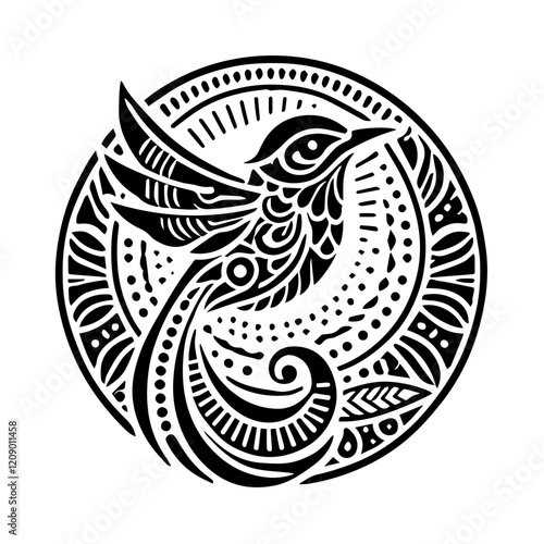 Ornamental Bird in Mandala: A mesmerizing black and white illustration of a stylized bird soaring within a circular mandala, showcasing intricate details and a sense of spiritual symbolism.  