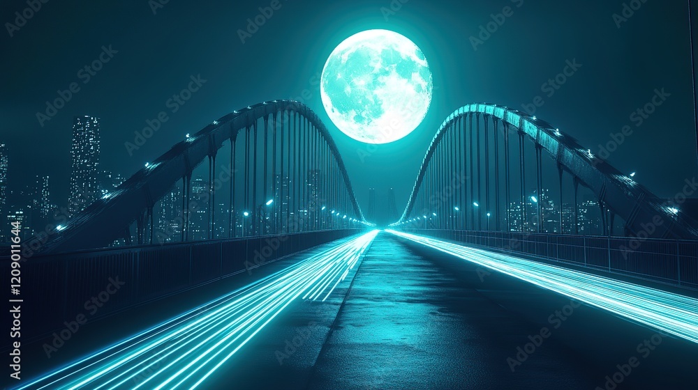 Obraz premium Futuristic city bridge at night with a large moon. Light trails on road.
