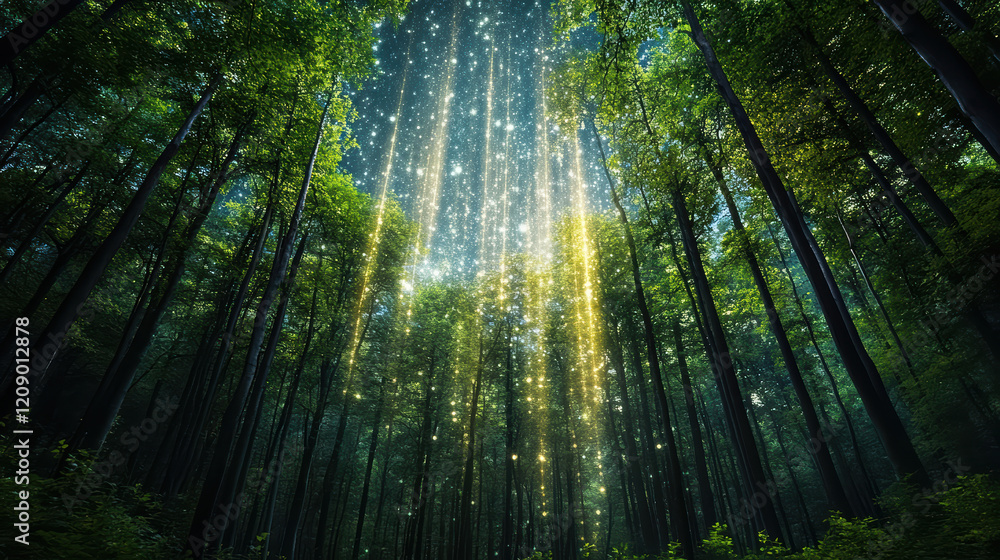 Obraz premium meteor shower illuminating foggy forest creates magical atmosphere