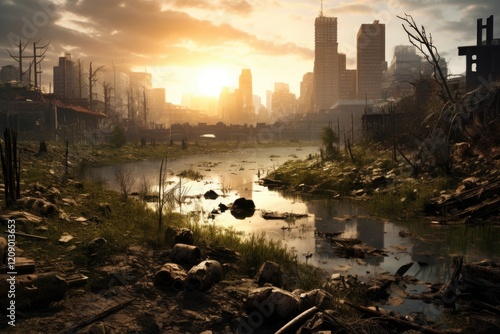 Fototapeta Naklejka Na Ścianę i Meble -  A post-apocalyptic city skyline is overgrown by nature. The river is flooded with debris, and the sun sets in the distance