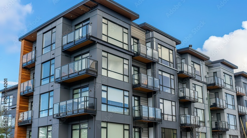 Fototapeta premium Close-up of a gray office building exterior with balconies and minimalistic design.