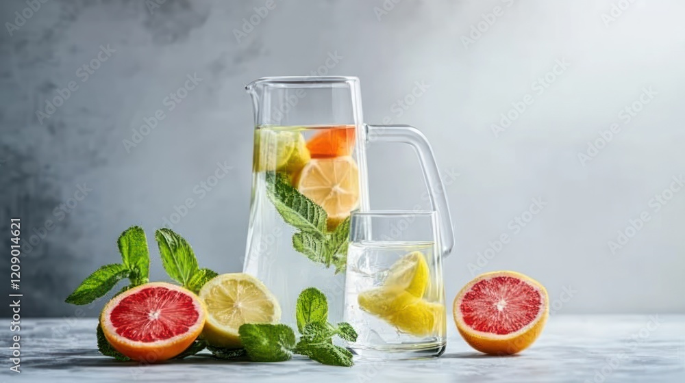 Fototapeta premium Refreshing citrus infused water in glass pitcher and glass.