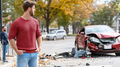 man observes car accident scene with damaged vehicle and debris