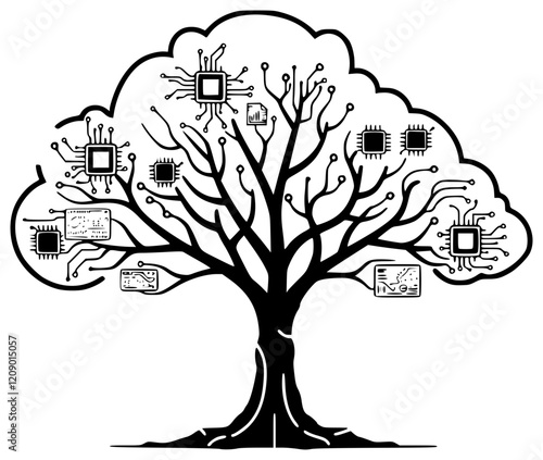 A vector tree growth by technology. Future tree sources.