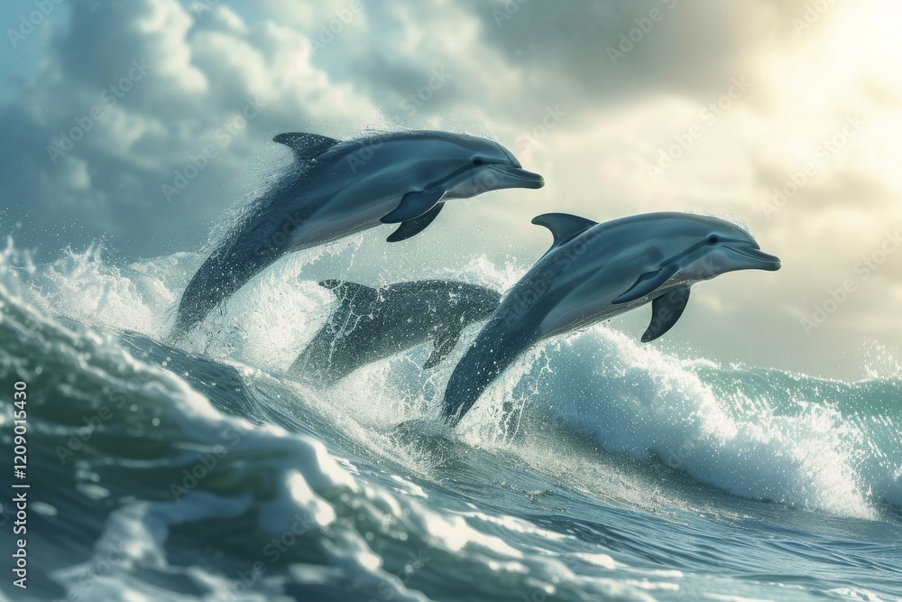 Fototapeta premium Dolphins playfully jumping over breaking waves against a cloudy sky while enjoying the ocean's splendor during midday sunlight in a vibrant coastal environment