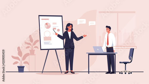 Business Team Discussing Presentation in Office Illustration