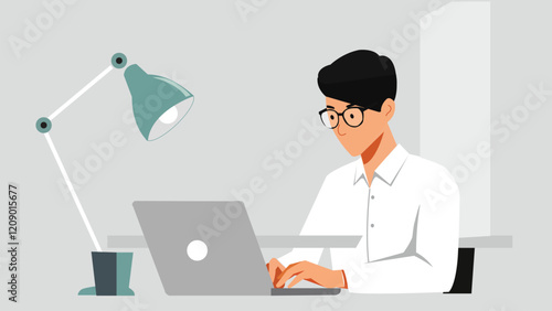 Professional Working on Laptop at Desk Illustration