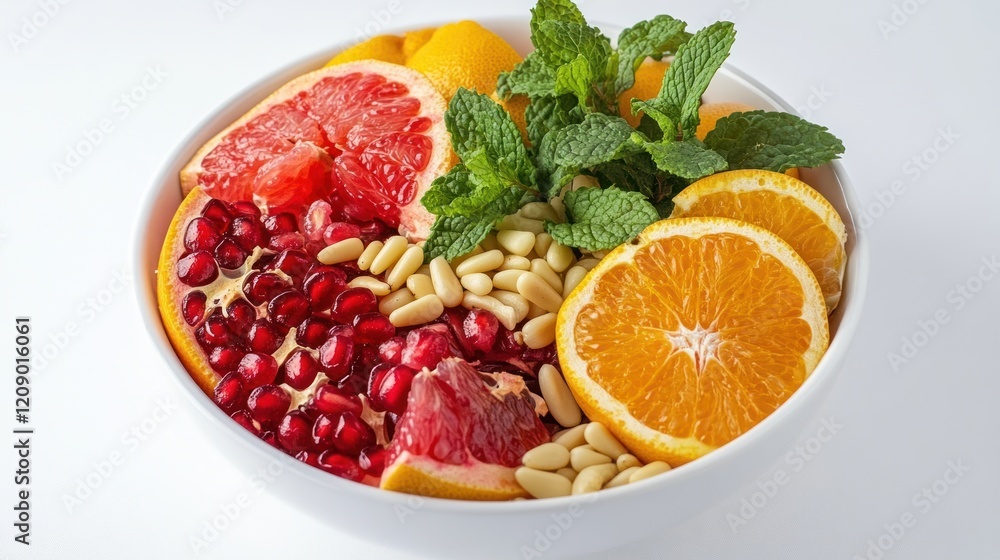 A vibrant and colorful bowl of salad filled with pomegranate, oranges, grapefruit, persimmons, pine nut A vibrant and colorful bowl of salad filled with pomegranate, oranges, grapefruit, persimmons, pine nut