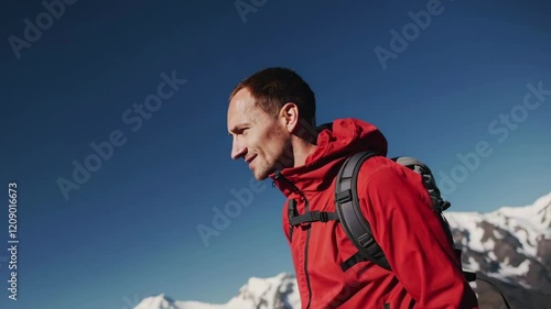 Adventurer in Red Jacket Enjoying Scenic Mountain Footage