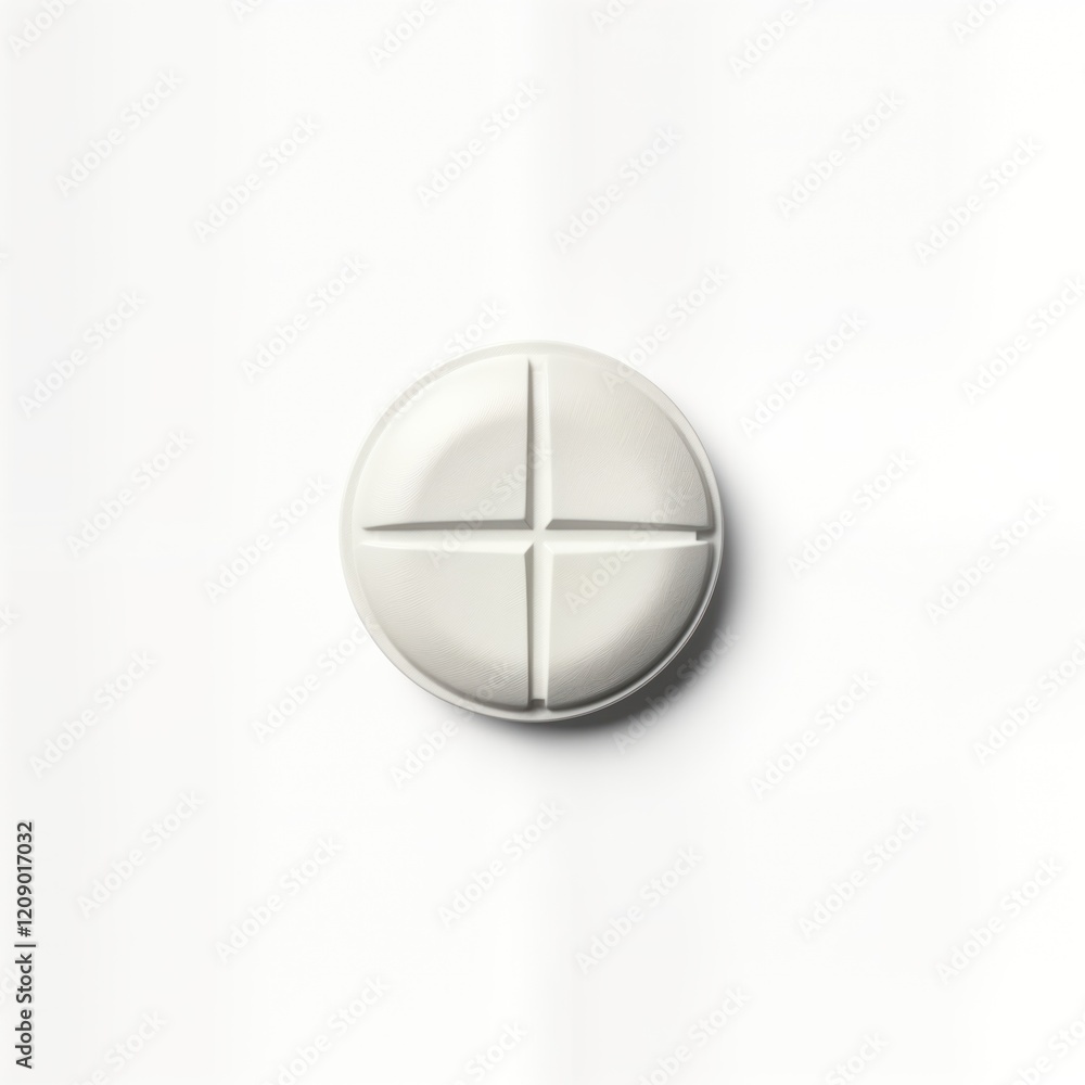 Single white pill on transparent background. Round shape with four indentations. Top view. Medical pharmaceutical product. Suitable for health, wellness websites, drug stores, pharmaceutical Single white pill on transparent background. Round shape with four indentations. Top view. Medical pharmaceutical product. Suitable for health, wellness websites, drug stores, pharmaceutical