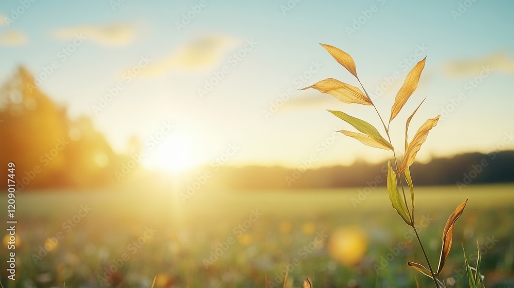 Beautiful Sunset Over Tranquil Field with Green Leaves and Soft Sunlight Illuminating the Grass in a Peaceful Atmosphere of Nature's Splendor Beautiful Sunset Over Tranquil Field with Green Leaves and Soft Sunlight Illuminating the Grass in a Peaceful Atmosphere of Nature's Splendor