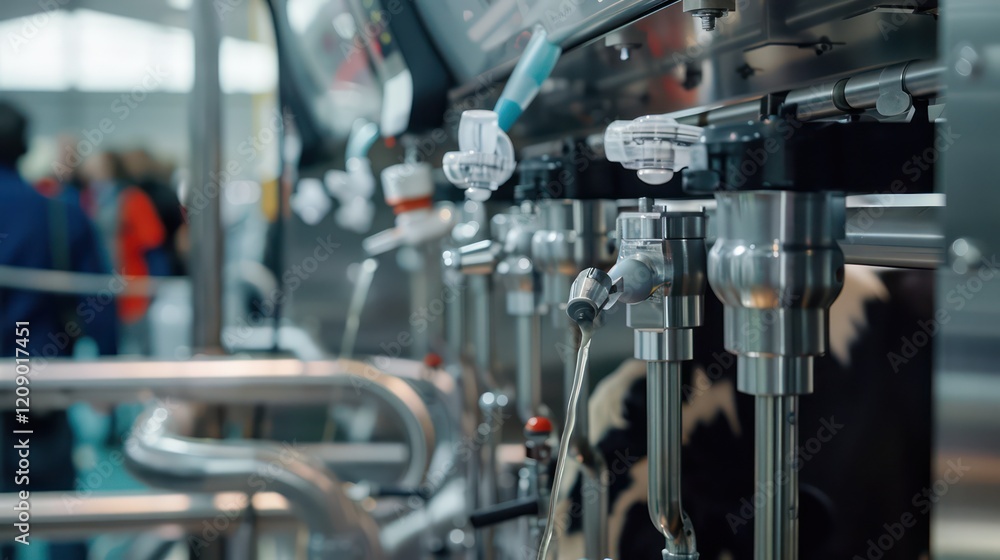 An automated milking machine in action, with teat cups on a cow's udder, demonstrating advanced dairy technology at a trade show in a farm setting An automated milking machine in action, with teat cups on a cow's udder, demonstrating advanced dairy technology at a trade show in a farm setting