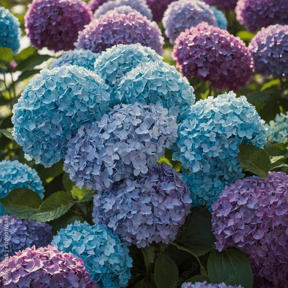 A bouquet of balloon hydrangeas in soft blues and purples on a garden-themed background. A bouquet of balloon hydrangeas in soft blues and purples on a garden-themed background.