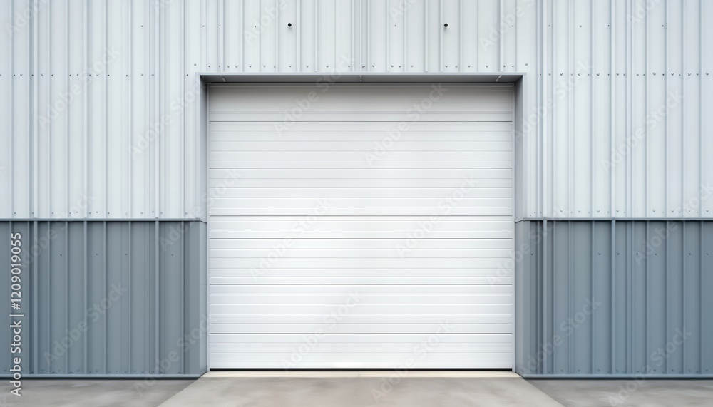 Fototapeta premium Modern industrial building exterior features blank white sectional door on facade of light gray, dark gray corrugated metal. Contemporary industrial design with clean lines. Empty space perfect for
