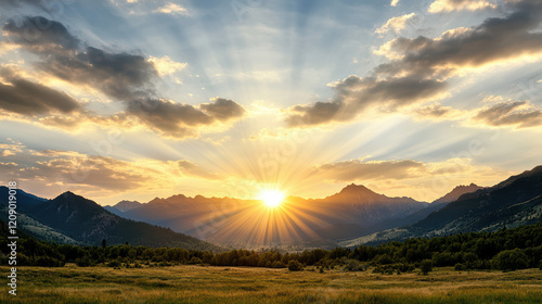 Richly colored sunset over mountain range with sun rays shining brightly