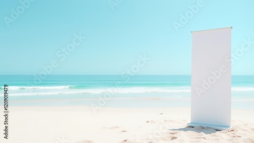 Roll-Up Banner Mockup, Beach scene with roll-up banner on shore white sand photorealistic.