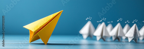 Ai generates inspired leadership yellow paper airplane takes flight creative workspace bright environment close-up view