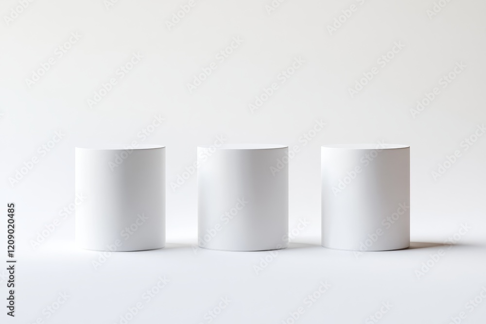 Three white cylindrical display stands on a white background. Three white cylindrical display stands on a white background.