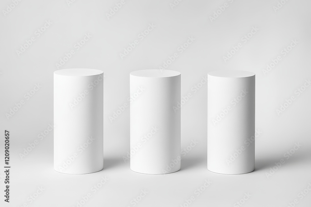 Three white cylindrical pedestals on a white background.