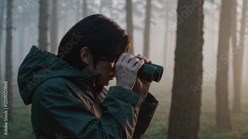 Observing Wildlife with Binoculars in a Misty Forest Footage