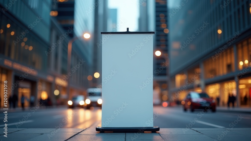 Roll-Up Banner Mockup, Urban backdrop with skyscrapers roll-up banner on street photorealistic. Roll-Up Banner Mockup, Urban backdrop with skyscrapers roll-up banner on street photorealistic.