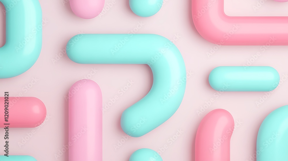 Fototapeta premium Colorful Abstract Shapes in Soft Pastel Tones Featuring Curves, Lines, and Geometric Forms on a Light Background