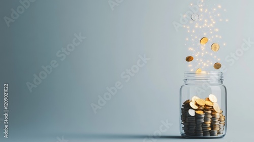 A glass jar filled with gold coins with coins and sparkling lights floating above, representing savings, investment, and financial growth in a modern and clean design.