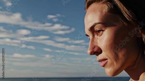 Woman Contemplating Ocean View Scene Footage with Dramatic Clouds