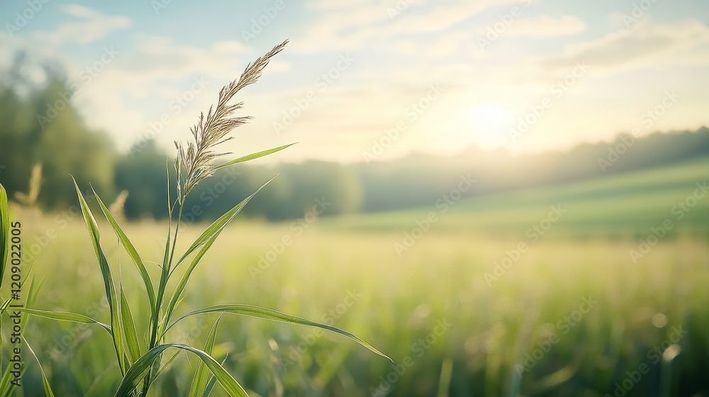 Fototapeta premium Serene Sunrise Over Rolling Fields with Gentle Breeze and Delicate Grass Highlighting Nature's Tranquility and the Beauty of Rural Landscapes at Dawn
