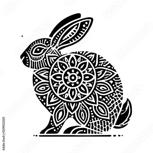 Mandala Rabbit:  A stunning black and white illustration of a rabbit, intricately adorned with a captivating mandala design.  The image showcases detailed line work and a striking contrast. 