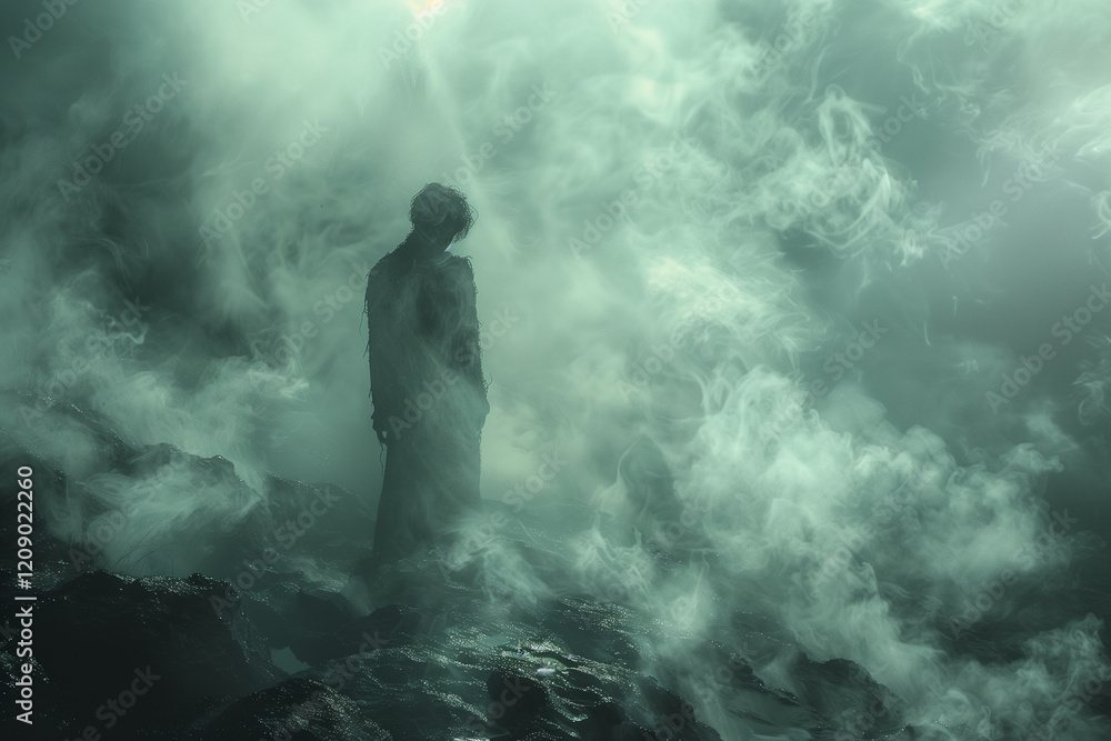 Fototapeta premium A figure standing in the dark fog. Scary ghost in dark mysterious forest