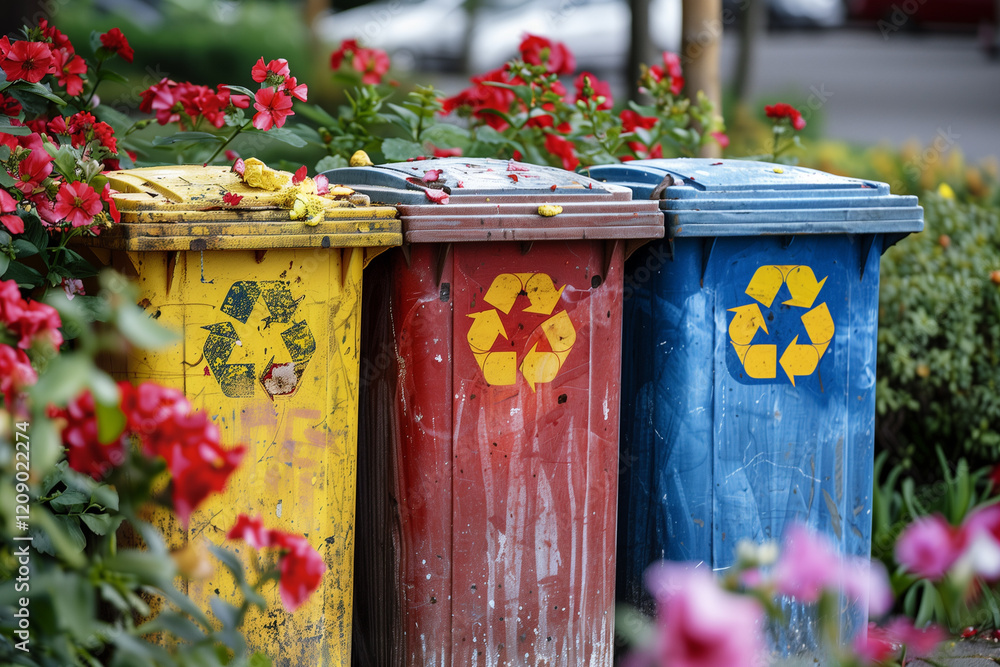 Color-coded recycle bins placed in a public place