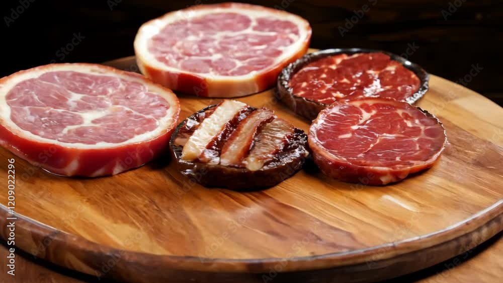 A close-up of a wooden board featuring various gourmet cuts of meat. 4k Video footage. A close-up of a wooden board featuring various gourmet cuts of meat. 4k Video footage.