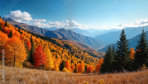 Fototapeta Naklejka Na Ścianę i Meble -  Autumn panorama displays vibrant colorful trees against backdrop of mountains. Sunny daylight illuminates landscape. High peaks, valley visible in distance. Golden, orange hues highlight fall