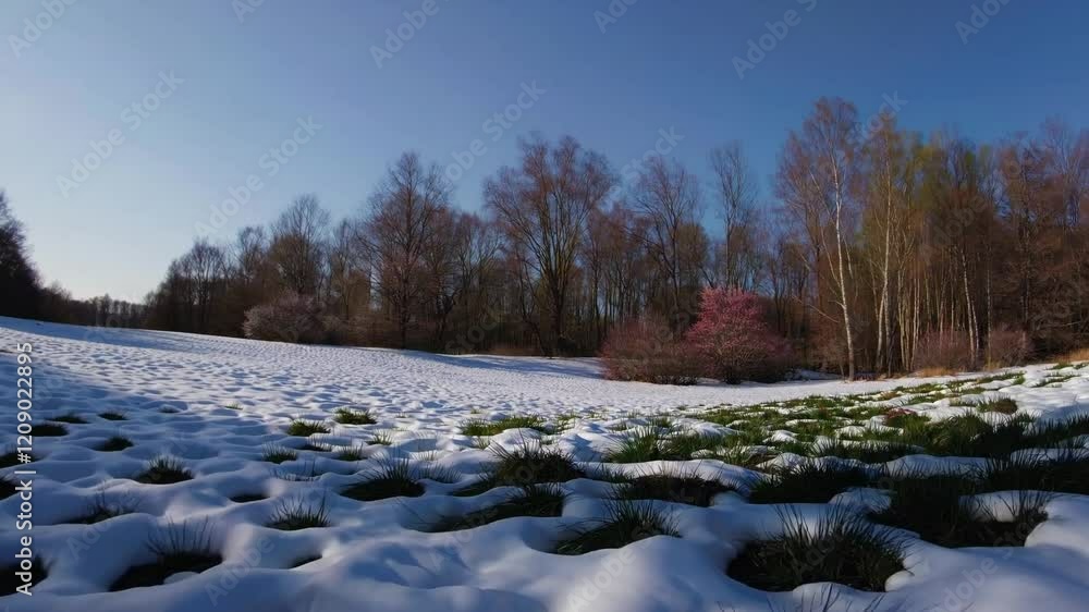 Spring's Emergence: Snow-Covered Grass Patches with Blossoming Trees Spring's Emergence: Snow-Covered Grass Patches with Blossoming Trees