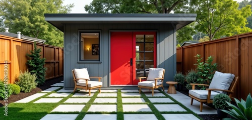 Small modern garden shed with red door. ADU backyard patio area with comfortable furniture, plants. Peaceful atmosphere. Inviting outdoor space. Stylish design. Modern design elements. Home addition. photo