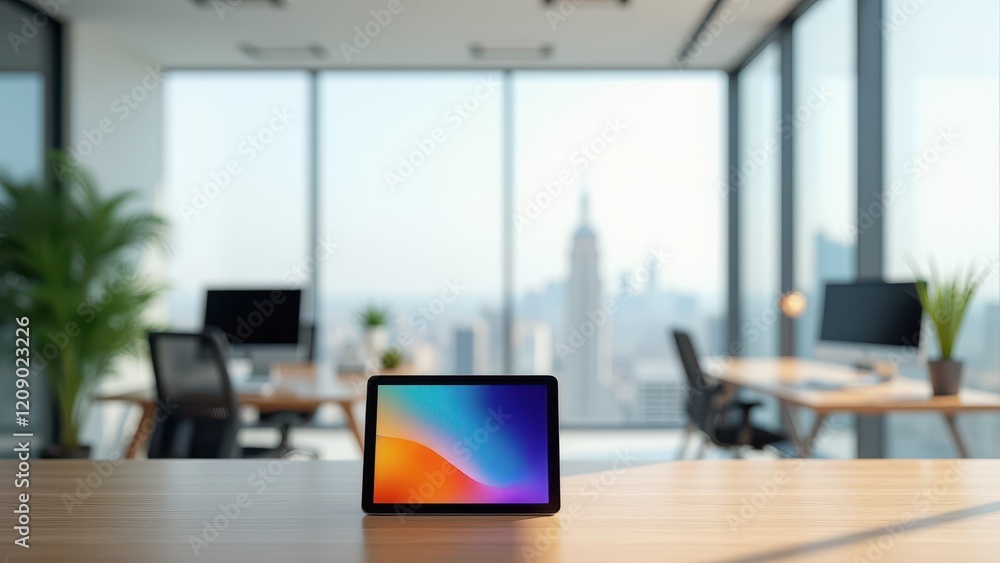 Fototapeta premium Tablet Mockup in Office Setting, Office with city view tablet on desk vibrant screen photorealistic.