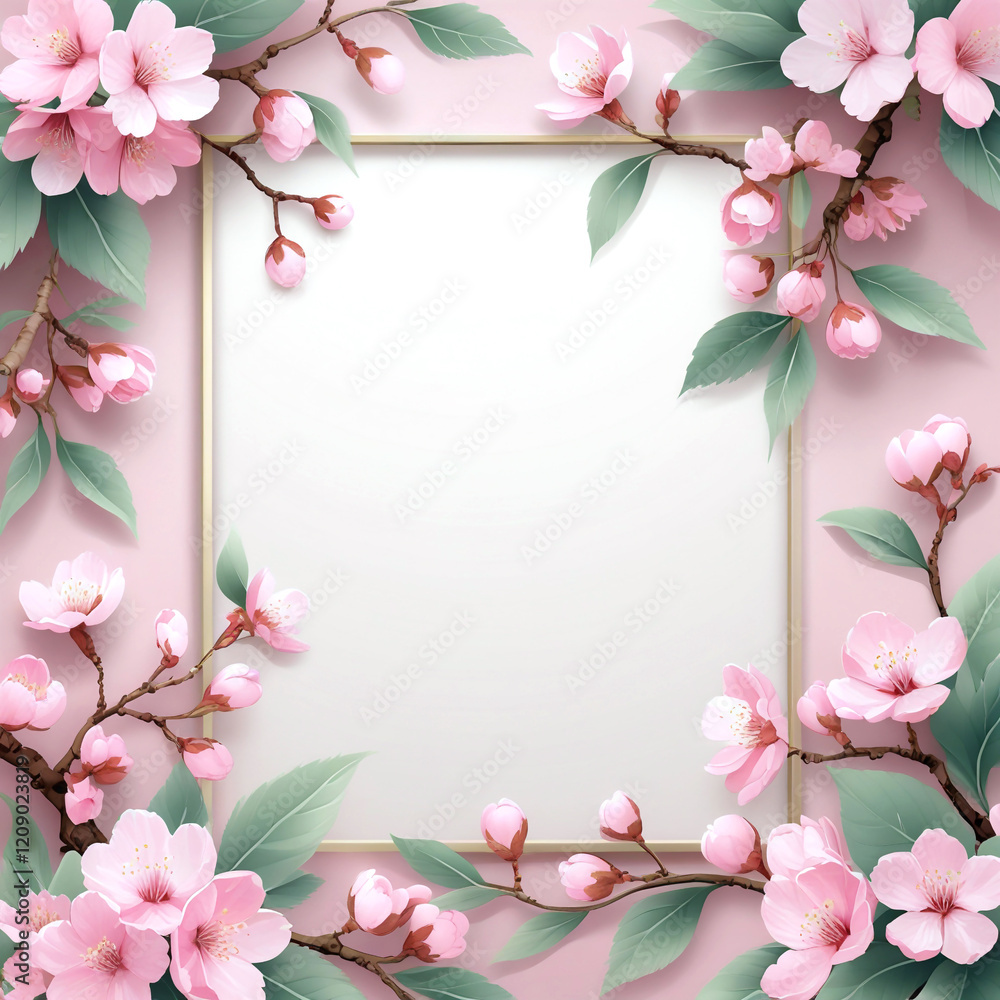 Pink floral frame with delicate blossoms and green leaves on a soft pastel background Pink floral frame with delicate blossoms and green leaves on a soft pastel background