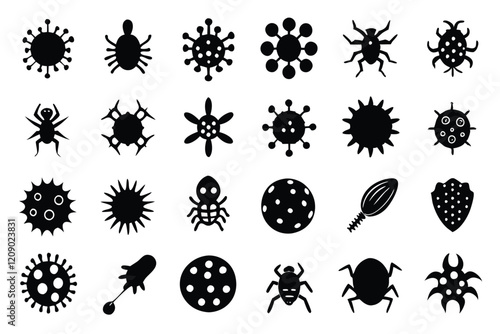 Microbes silhouettes. Bacteria and viruses biology pandemic icons set