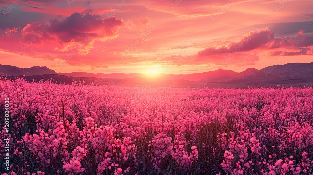 Pink Flower Field Sunset Mountain Landscape Pink Flower Field Sunset Mountain Landscape