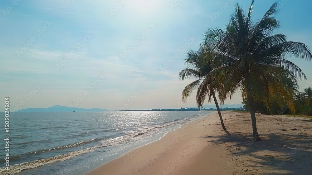 Fototapeta premium Serene Beach Scene With Palm Trees And Calm Ocean