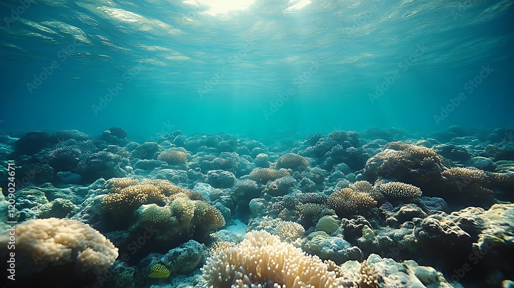Naklejka premium Sunlit Underwater Coral Reef Scene Showing Vibrant Life