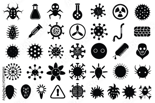 Microbes silhouettes. Bacteria and viruses biology pandemic icons set