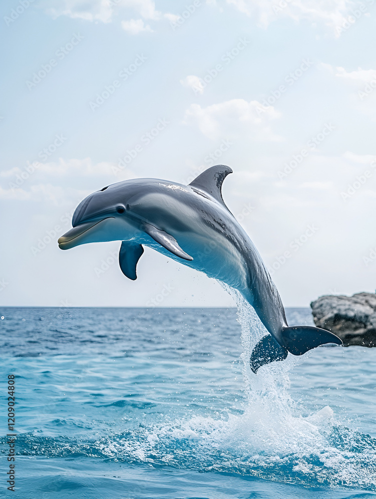 Obraz premium Dolphin Leap of Joy: A playful dolphin leaps out of the turquoise water, showcasing its sleek, silver form against the backdrop of a clear blue sky.